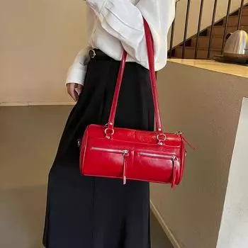 Ретро-сумка через плечо для женщин, сумка через плечо в форме бочки из искусственной кожи, съемный ремень, красная сумка
