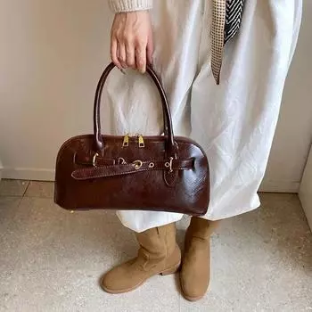 Ретро-сумка для подмышек для женщин, портативная дорожная сумка, простая сумка через плечо, большая вместимость, коричневая, элегантная, с цепочкой на ремне