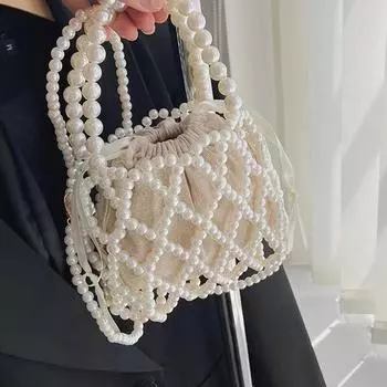 Ретро-сумка Фея, плетеная из бисера, сумка-ведро, сумка через плечо, летняя нишевая дизайнерская сумка с выдолбленным жемчугом 15x13cm белый
