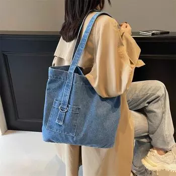 Ретро-сумка из денима, женская сумка через плечо, большая вместимость, портативная сумка для покупок, нишевая литературная японская и корейская повседневная универсальная сумка-тоут светло-синий
