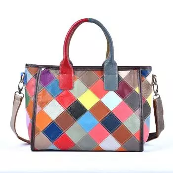 Ретро сумка из натуральной кожи для женщин, большая вместительная сумка-мессенджер, цветная клетчатая строчка, модная