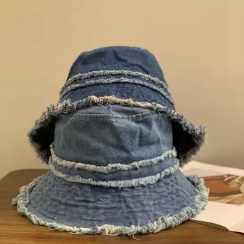 Ретро-сумка из потертого денима, большая окружность головы, показывает маленькое лицо, путешествующая сотня башен, козырек от солнца, шляпа для раковины, женщина M56-58cm темно-синий
