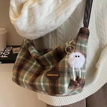 Ретро-сумка из шерстяной ткани в клетку, женская, большой вместимости, осень-зима 2024, модная универсальная сумка через плечо для поездок на работу