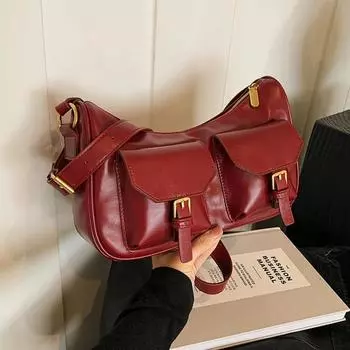 Ретро-сумка на молнии для женщин, однотонная ПУ, большая вместимость, повседневные сумки через плечо, строчка