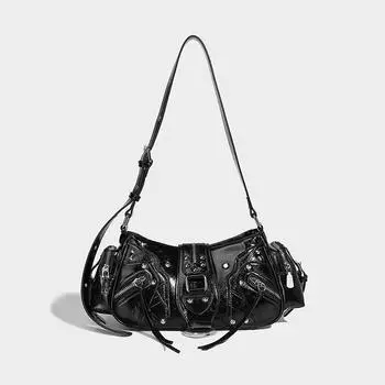 Ретро Сумка в стиле локомотива Модная нишевая сумка через плечо с заклепками Многокарманный дизайн Кожаная сумка-мессенджер из масляного воска