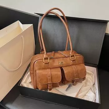 Ретро сумки через плечо для женщин, однотонные многокарманные мини-сумки Boston, вместительные сумки-портфели класса люкс 28x15x9cm чёрный