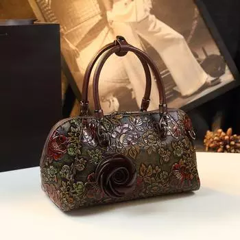 Ретро-сумки из натуральной кожи для женщин, сумка через плечо с тиснеными цветами, большая вместимость, переносные сумки-подушки для мам