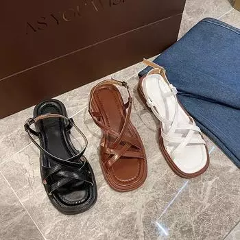 Retro Summer Sandalias De Mujer 2024 Thin Cross Straps Roman Shoes Casual Thick Low Heel Sandales Femmes Solid Open Toe Shoes 35 бежевый