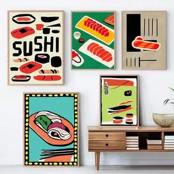 Retro Sushi Poster Canvas Prints Sushi Flat Cutouts Vintage Painting Wall Pictures Home Decoration Kitchen Dining Room Murals 21x30cm No Framed