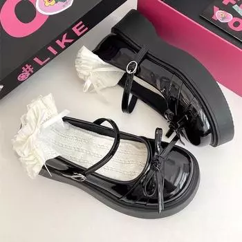 Retro sweet bow small leather shoes women s 2025 spring new Japanese black foreign thick-soled versatile single shoes 35 чёрный