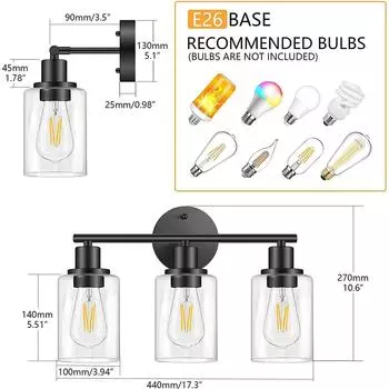 Ретро-светильник для ванной комнаты с тремя головками, стеклянный зеркальный светильник, подходящий для настенного крепления EU E27 without bulb чёрный