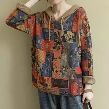 Ретро-свитер с длинными рукавами и капюшоном, женский модный свитер с принтом и вышивкой, женский весенний 7XL