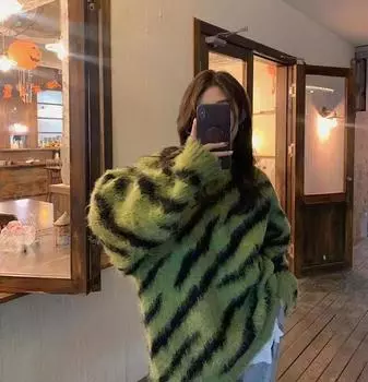 Ретро свитер с зеброй, пуловер, женский осенне-зимний полосатый свободный свитер с круглым вырезом и длинными рукавами, вязаный свитер средней длины One Size зелёный