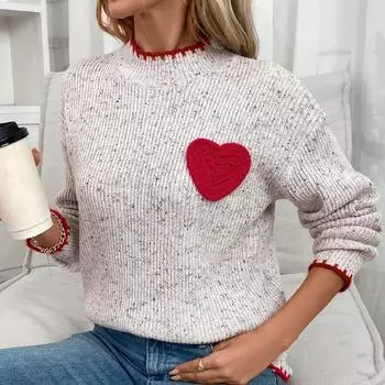 Ретро свитер свободный удобный модный круглый вырез свитера для женщин осенний вышитый в форме сердца новый корейский стиль простой толстый жаккардовый пуловер S светло-серый