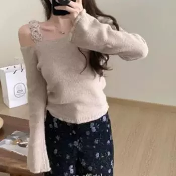 Ретро-свитера с открытыми плечами, свитера для женщин, осенние вязаные свитера с длинным рукавом, женские топы, элегантный шикарный цветочный слинг, винтажный зимний трикотаж 26052 One Size абрикосовый