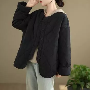Ретро свободная повседневная куртка с хлопковой подкладкой, легкая, с круглым вырезом, ромбовидное хлопковое пальто женское M чёрный