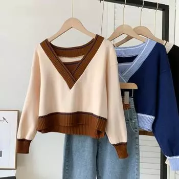 Ретро свободный облегающий свитер с V-образным вырезом, осенний женский модный новый короткий вязаный женский свитер, элегантный однотонный повседневный офисный женский зимние пуловеры 25352 One Size серый