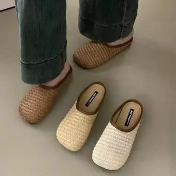 Ретро-тапочки Baotou на плоской подошве, женские повседневные туфли, однотонные тапочки без застежек, уличные туфли для отдыха 35 бежевый