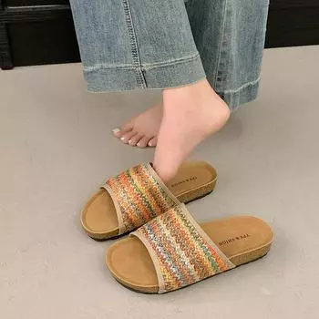 Ретро тапочки на мягкой подошве женские летние новая мода высокого класса универсальные тапочки на одно слово ленивые повседневные прохладные 35 разноцветный