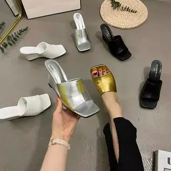 Ретро-тапочки на танкетке, женская летняя одежда, квадратный носок, открытый носок, толстая подошва, сексуальные шлепанцы на высоком каблуке 35 чёрный