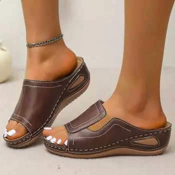 Ретро-тапочки на толстой подошве с танкеткой, женские летние сандалии из искусственной кожи на платформе, женские нескользящие пляжные туфли больших размеров, женские шлепанцы 36 бежевый