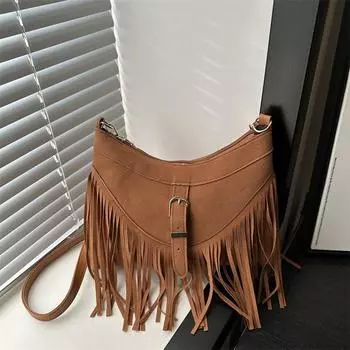 Retro tassel bag women s new matte shoulder bag commuter messenger bag niche women s bag коричневый