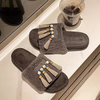 Retro tassel fluffy slippers women s autumn new wear versatile casual soft bottom lazy one-word drag 40