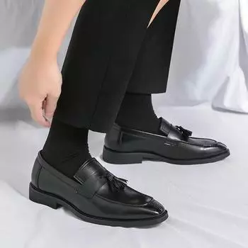 Retro Tassel Small Square Head Men s Luxury Business Leather Shoes Slip-on Social Wedding Shoes Dinner Loafers Pea Shoes 38 коричневый