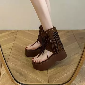 Retro Tassel Women s Sandals Summer Bohemian Flat Shoes Lace-Up Beach Shoes Thick Sole Trendy Women s Shoes 2024 35 чёрный