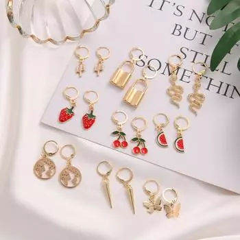 Ретро темперамент C-образные серьги с перьями бабочки, милые серьги с геометрическим рисунком арбуза и клубники, простые серьги