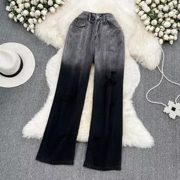 Ретро Темперамент Градиент Цвета Рваные Высокая Талия Свободные Широкие Брюки Джинсы Женские