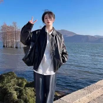 [Ретро темперамент кожаная куртка женская ранняя осень новый дизайн чувство свободного повседневного сто M