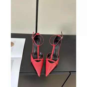 Ретро-темперамент, модные туфли с Т-образным ремешком и неглубоким носком, сандалии с пряжкой на тонком каблуке 35 красный