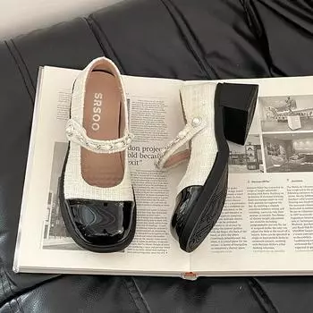 Retro temperament pearl single shoes round head Mary Jane small leather shoes women s summer new color matching 35