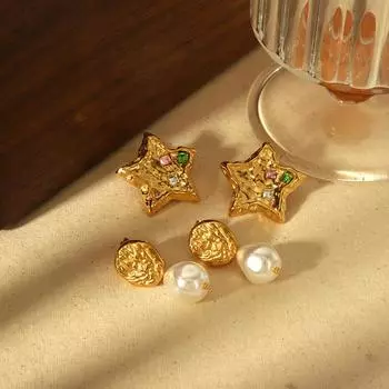 Retro temperament pentagram earrings 18k gold-plated stainless steel earrings women s simple high-end pearl earrings 18K