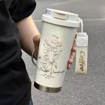 Ретро термос-кружка Ландыш из нержавеющей стали 316 с соломинкой, кофейная чашка для девушек, высокая ценность, большая вместимость, подарочная чашка 520ml белый