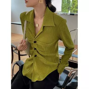 Retro Texture Pleated Mustard Green Shirt Loose Hong Kong Style V-neck Lapel Early Autumn Top New S