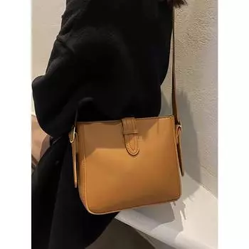 Ретро текстурированная женская квадратная сумка, модная однотонная сумка через плечо из искусственной кожи, популярная универсальная женская сумка-ведро (20cm<Max Length<30cm)