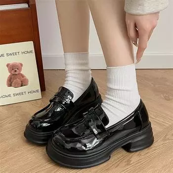 Retro Thick Bottom Black Round toe Single Shoes Women Pu Leather Platform Loafers Woman British Style Lolita Jk Uniform Shoes 4.5