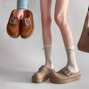 Retro thick-bottomed bag head slippers women s spring and summer new outer wear fashionable versatile belt buckle thick-bottomed Birken lazy drag 35 абрикосовый