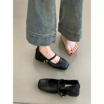 Retro thick heel Mary Jane shoes 2024 spring and autumn new French temperament elegant with skirt square head light mouth evening shoes 35 чёрный