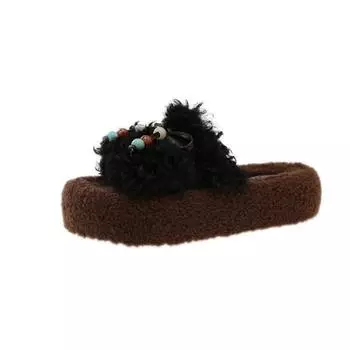 Retro thick-soled fluffy slippers women s autumn new round head bow slippers women s flip-flops 35