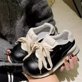 Retro thick-soled leather women s new spring lightweight height increase versatile casual sports shoes 35 чёрный
