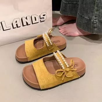 Retro thick-soled one-character pearl sandals summer new bow-tied cool slippers college style hollow slippers 35