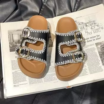 Retro thick-soled slippers women s summer wear new one-word mop casual versatile beach cool slippers 35