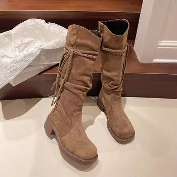 Retro thick-soled stacking boots brown boots children s new summer and autumn western cowboy tall knight boots 35