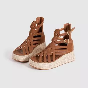 Retro thick-soled straw-woven leather sandals women s summer new open-toed waterproof table muffin shoes 35