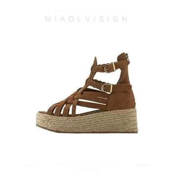 Retro thick-soled straw-woven leather sandals women s summer new open-toed waterproof table muffin shoes 35
