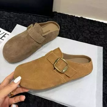 Retro thick-soled versatile bag head half slippers women s 2024 autumn and winter new fashionable soft-soled comfortable non-slip Boken slippers 35 хаки