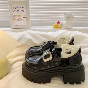 Retro thick-soled versatile small leather shoes for women s new spring and autumn thick-heeled heightened loafers 35 чёрный